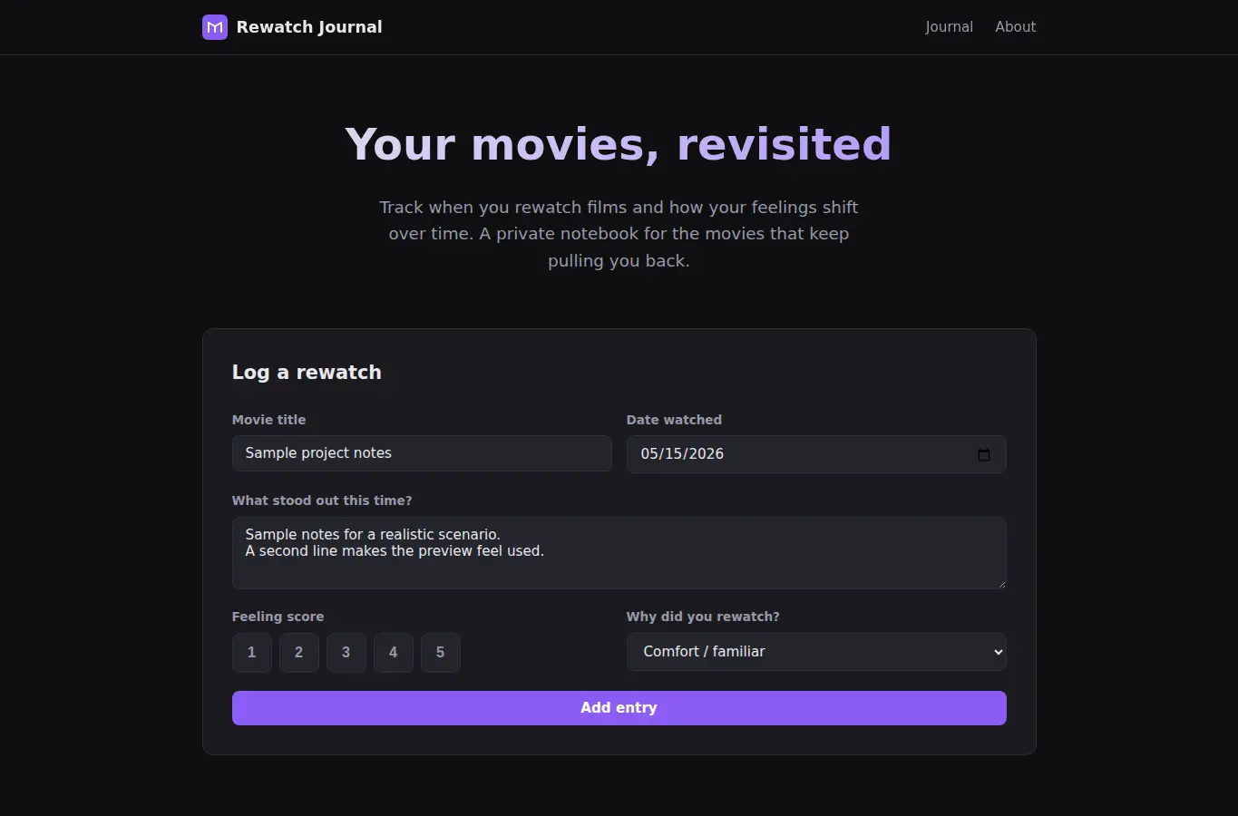 Screenshot of Rewatch Journal interface showing the project page in use